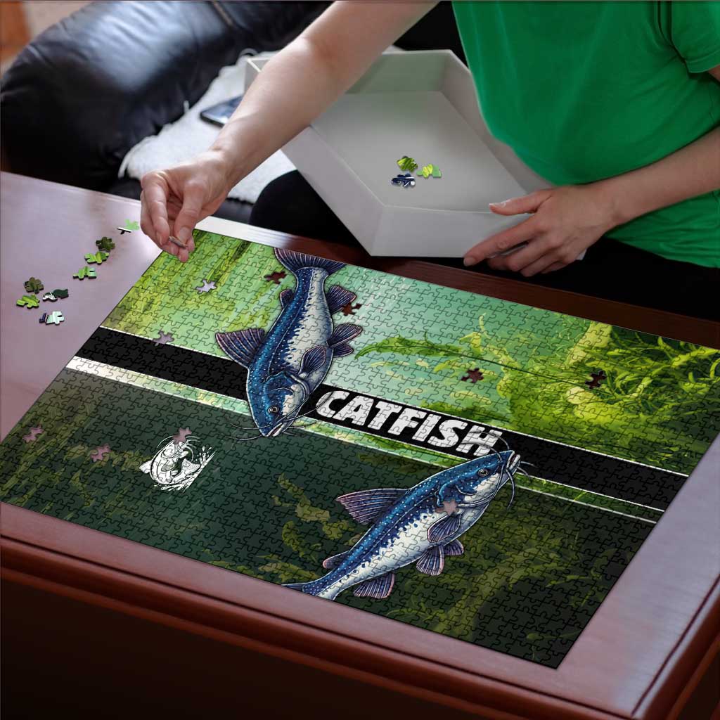 Catfish Fishing Puzzle with Underwater River Scene and Green Aquatic Pattern - Wonder Print Shop
