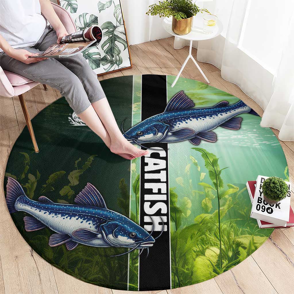 Catfish Fishing Round Carpet with Underwater River Scene and Green Aquatic Pattern - Wonder Print Shop