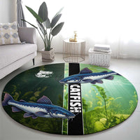 Catfish Fishing Round Carpet with Underwater River Scene and Green Aquatic Pattern - Wonder Print Shop