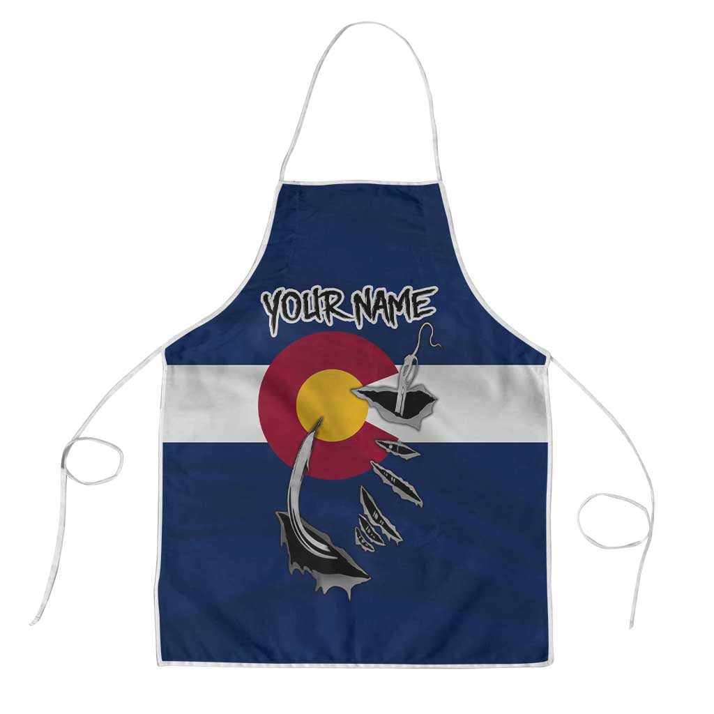Custom Fishing Hook Apron with Colorado Flag Theme and Blue White Graphic Pattern - Wonder Print Shop
