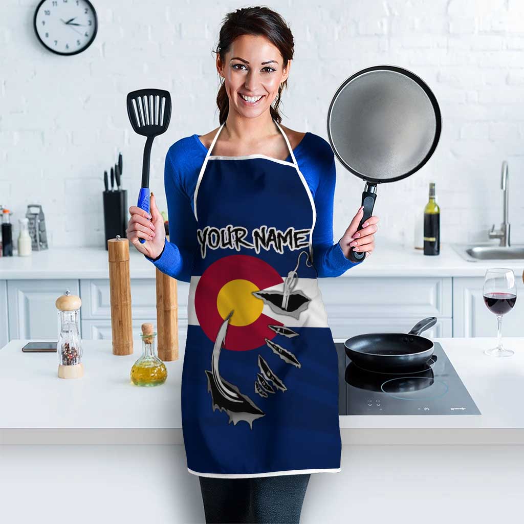 Custom Fishing Hook Apron with Colorado Flag Theme and Blue White Graphic Pattern - Wonder Print Shop