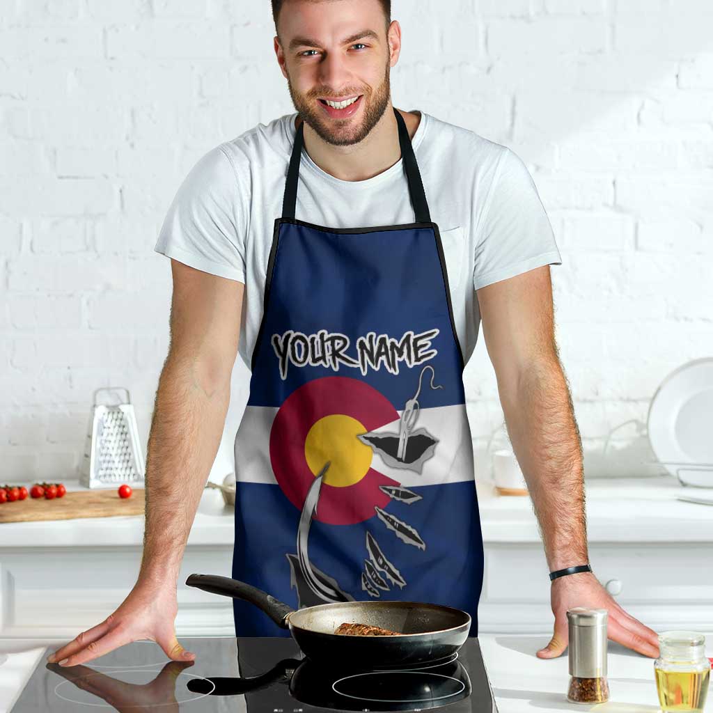 Custom Fishing Hook Apron with Colorado Flag Theme and Blue White Graphic Pattern - Wonder Print Shop