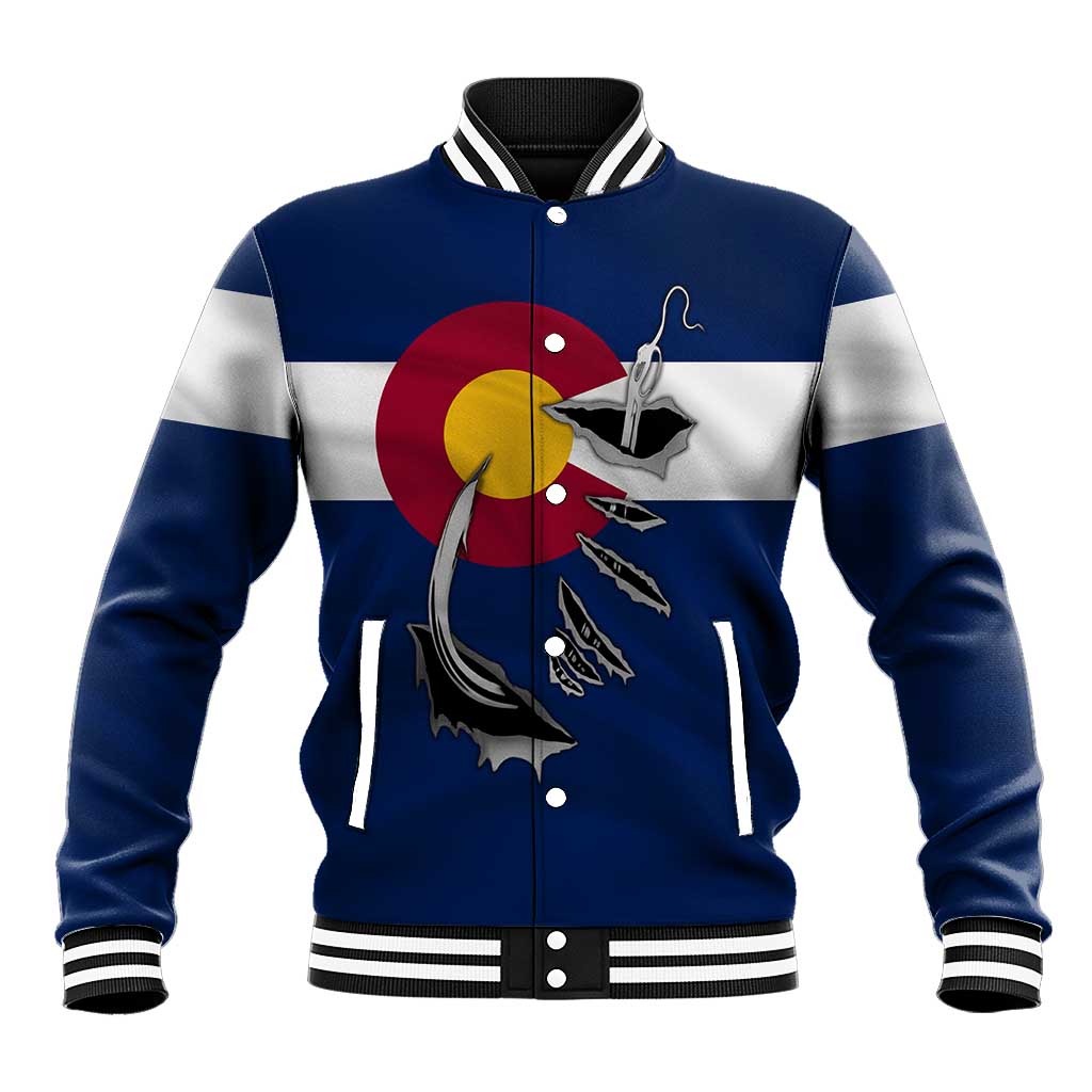 Custom Fishing Hook Baseball Jacket with Colorado Flag Theme and Blue White Graphic Pattern - Wonder Print Shop