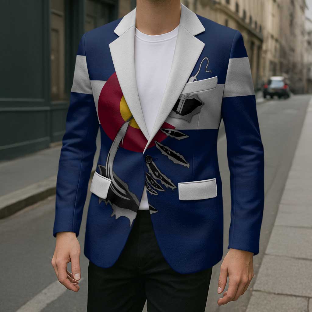 Custom Fishing Hook Blazer with Colorado Flag Theme and Blue White Graphic Pattern - Wonder Print Shop