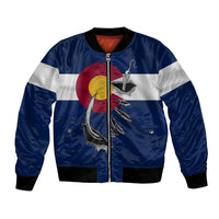 Custom Fishing Hook Bomber Jacket with Colorado Flag Theme and Blue White Graphic Pattern - Wonder Print Shop