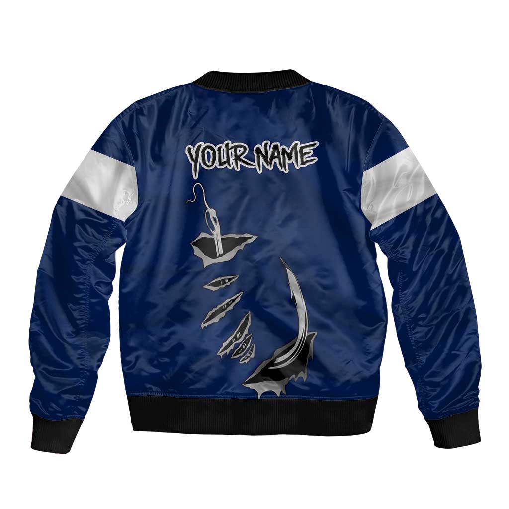 Custom Fishing Hook Bomber Jacket with Colorado Flag Theme and Blue White Graphic Pattern - Wonder Print Shop