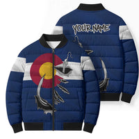 Custom Fishing Hook Bomber Puffer Jacket with Colorado Flag Theme and Blue White Graphic Pattern - Wonder Print Shop