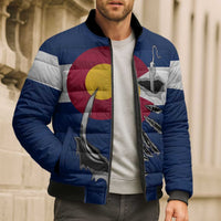 Custom Fishing Hook Bomber Puffer Jacket with Colorado Flag Theme and Blue White Graphic Pattern - Wonder Print Shop