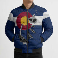 Custom Fishing Hook Bomber Puffer Jacket with Colorado Flag Theme and Blue White Graphic Pattern - Wonder Print Shop