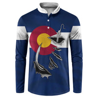 Custom Fishing Hook Button Sweatshirt with Colorado Flag Theme and Blue White Graphic Pattern - Wonder Print Shop