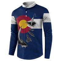 Custom Fishing Hook Button Sweatshirt with Colorado Flag Theme and Blue White Graphic Pattern - Wonder Print Shop