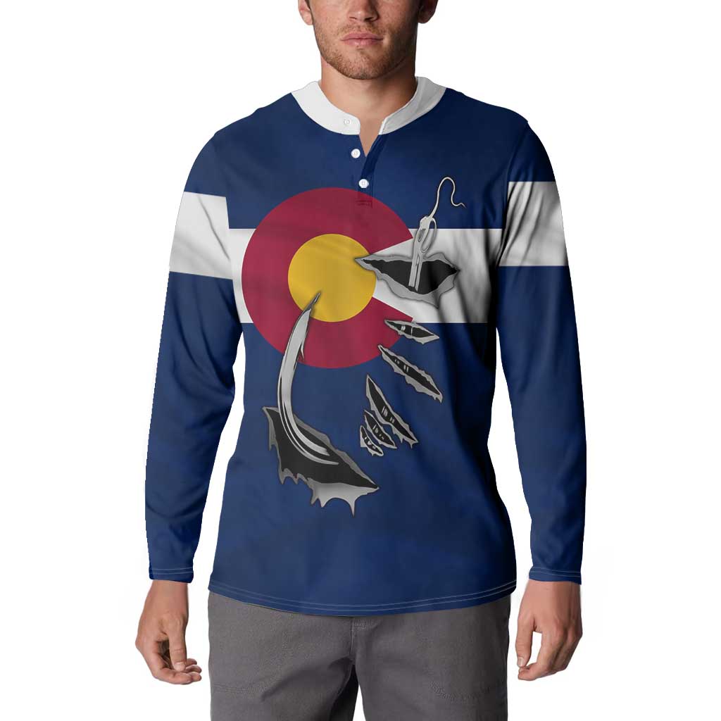 Custom Fishing Hook Button Sweatshirt with Colorado Flag Theme and Blue White Graphic Pattern - Wonder Print Shop