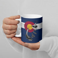 Custom Fishing Hook Ceramic Mug with Colorado Flag Theme and Blue White Graphic Pattern - Wonder Print Shop