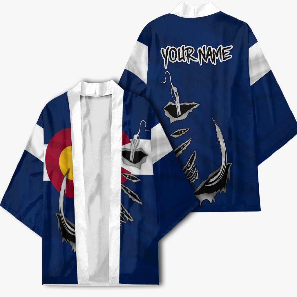 Custom Fishing Hook Kimono with Colorado Flag Theme and Blue White Graphic Pattern - Wonder Print Shop