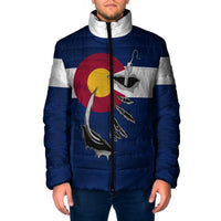 Custom Fishing Hook Padded Jacket with Colorado Flag Theme and Blue White Graphic Pattern - Wonder Print Shop