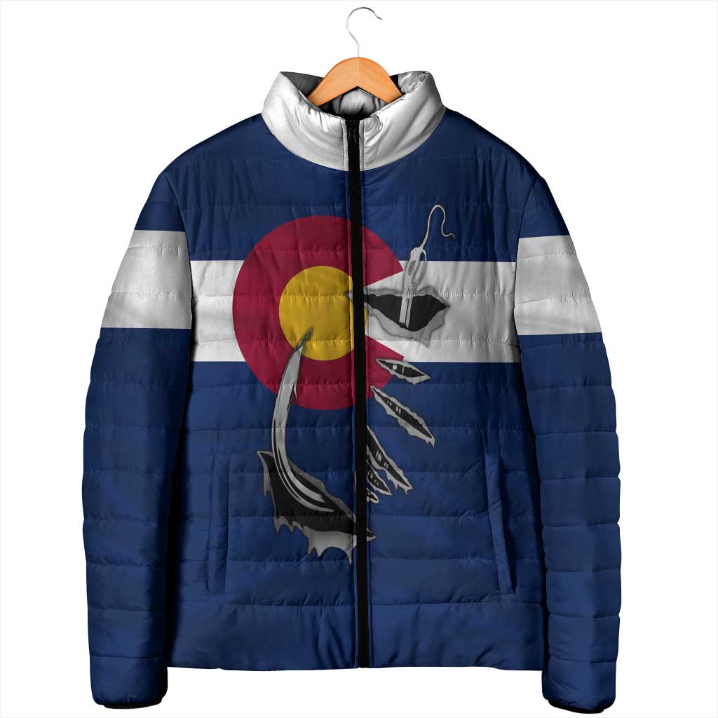 Custom Fishing Hook Padded Jacket with Colorado Flag Theme and Blue White Graphic Pattern - Wonder Print Shop