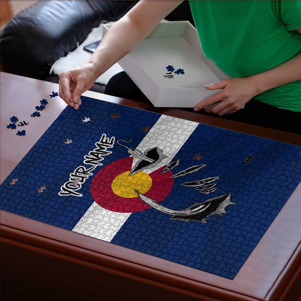 Custom Fishing Hook Puzzle with Colorado Flag Theme and Blue White Graphic Pattern - Wonder Print Shop