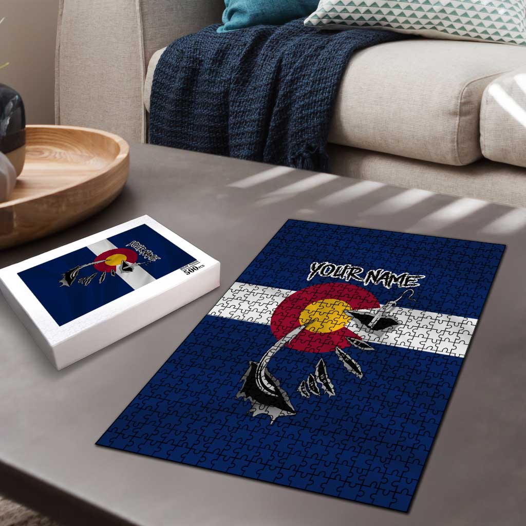 Custom Fishing Hook Puzzle with Colorado Flag Theme and Blue White Graphic Pattern - Wonder Print Shop