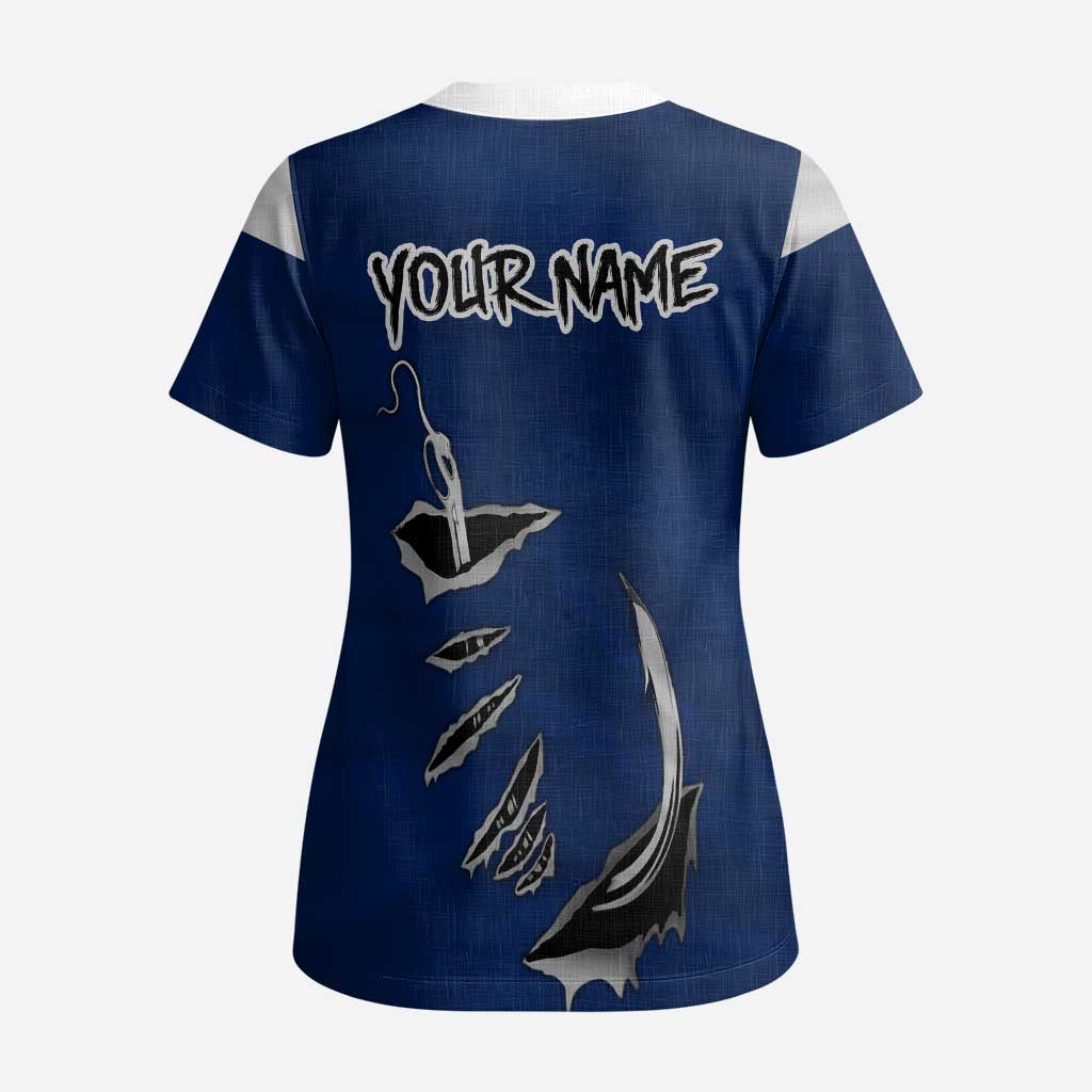 Custom Fishing Hook Scrub Top with Colorado Flag Theme and Blue White Graphic Pattern - Wonder Print Shop