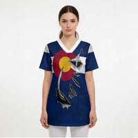 Custom Fishing Hook Scrub Top with Colorado Flag Theme and Blue White Graphic Pattern - Wonder Print Shop