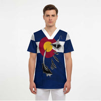 Custom Fishing Hook Scrub Top with Colorado Flag Theme and Blue White Graphic Pattern - Wonder Print Shop