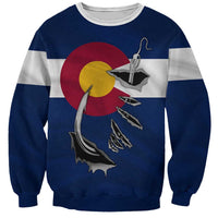 Custom Fishing Hook Sweatshirt with Colorado Flag Theme and Blue White Graphic Pattern - Wonder Print Shop