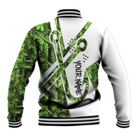 Custom Fishing Hook Baseball Jacket with Green Jungle Leaf Pattern and White Split Design - Wonder Print Shop