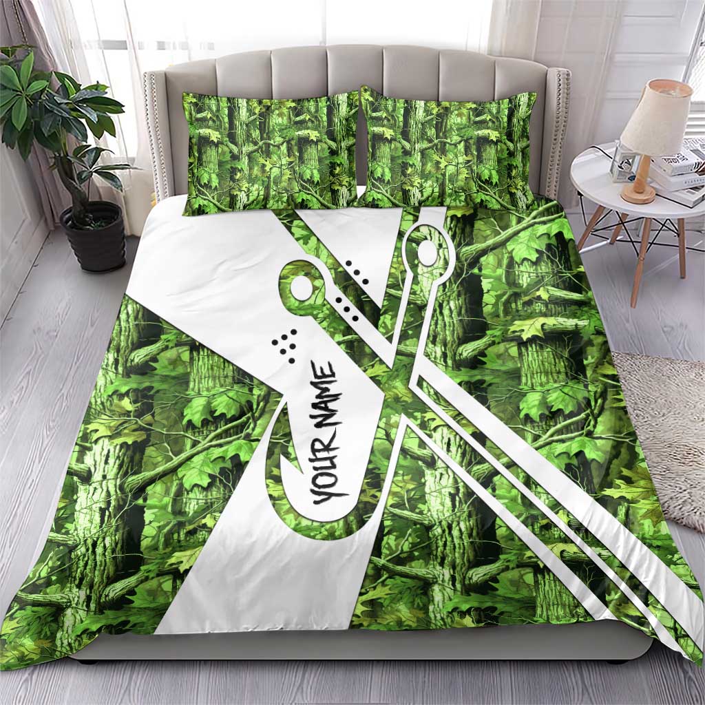 Custom Fishing Hook Bedding Set with Green Jungle Leaf Pattern and White Split Design - Wonder Print Shop