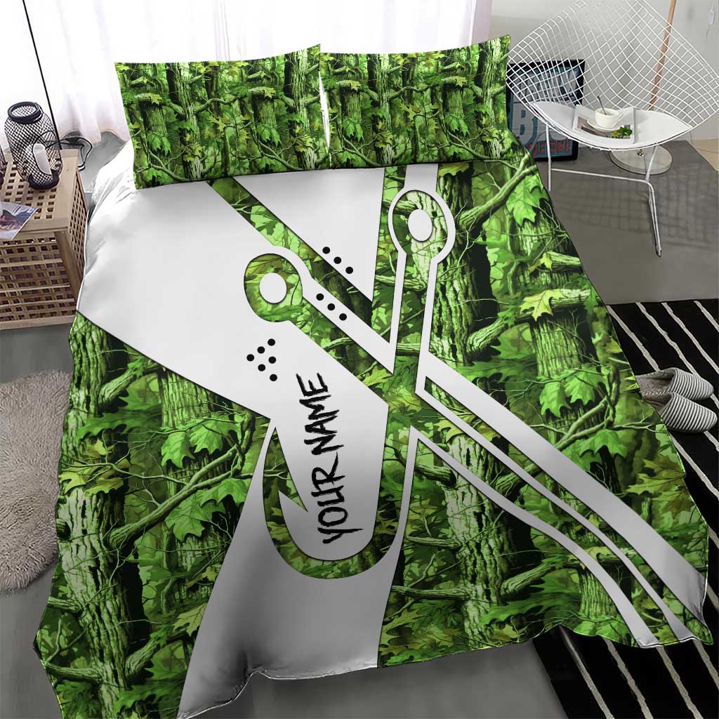 Custom Fishing Hook Bedding Set with Green Jungle Leaf Pattern and White Split Design - Wonder Print Shop