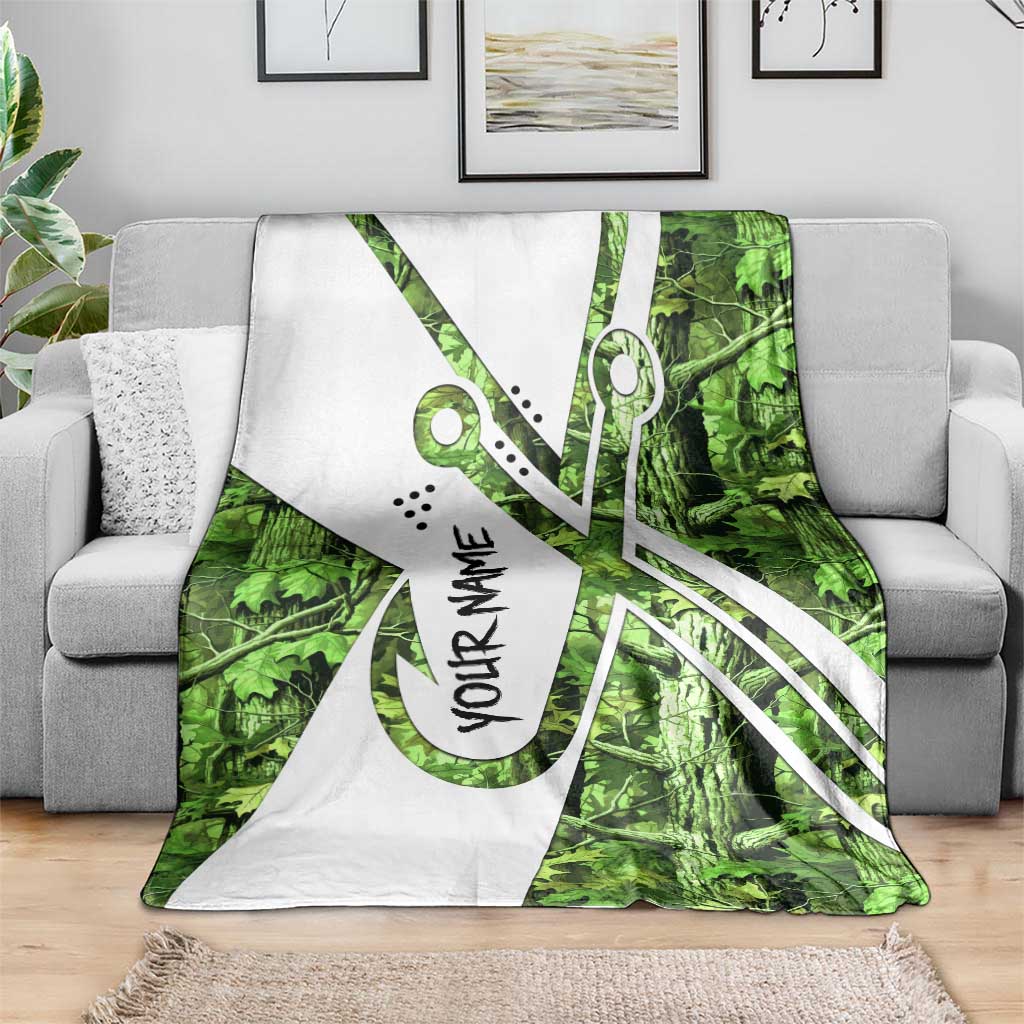 Custom Fishing Hook Blanket with Green Jungle Leaf Pattern and White Split Design - Wonder Print Shop