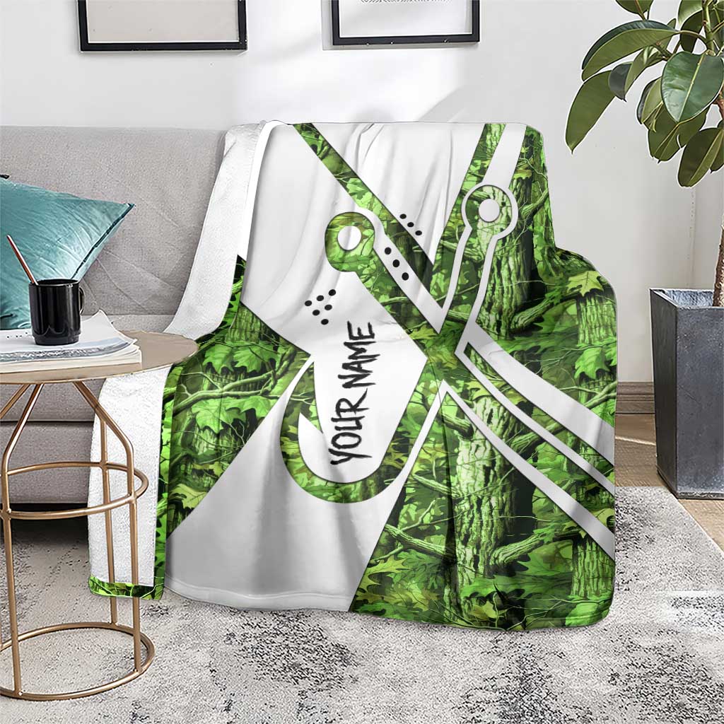 Custom Fishing Hook Blanket with Green Jungle Leaf Pattern and White Split Design - Wonder Print Shop