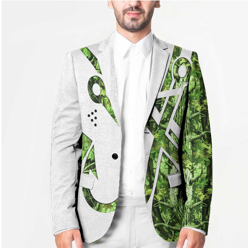 Custom Fishing Hook Blazer with Green Jungle Leaf Pattern and White Split Design - Wonder Print Shop
