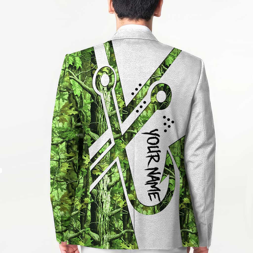 Custom Fishing Hook Blazer with Green Jungle Leaf Pattern and White Split Design - Wonder Print Shop