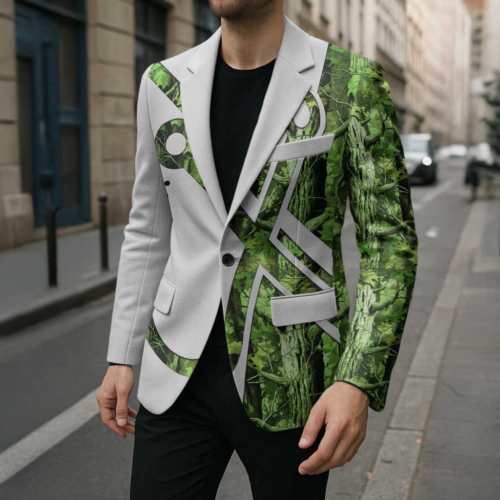 Custom Fishing Hook Blazer with Green Jungle Leaf Pattern and White Split Design - Wonder Print Shop