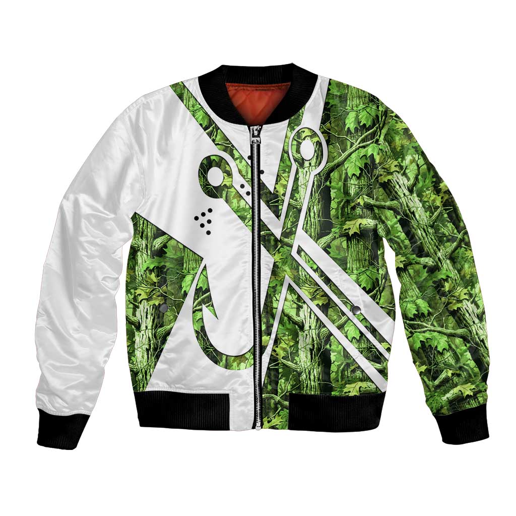 Custom Fishing Hook Bomber Jacket with Green Jungle Leaf Pattern and White Split Design - Wonder Print Shop