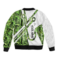 Custom Fishing Hook Bomber Jacket with Green Jungle Leaf Pattern and White Split Design - Wonder Print Shop