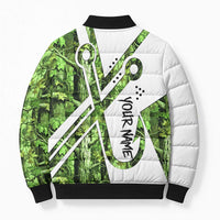 Custom Fishing Hook Bomber Puffer Jacket with Green Jungle Leaf Pattern and White Split Design - Wonder Print Shop