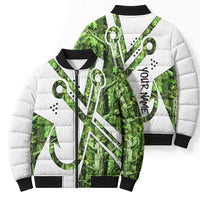 Custom Fishing Hook Bomber Puffer Jacket with Green Jungle Leaf Pattern and White Split Design - Wonder Print Shop