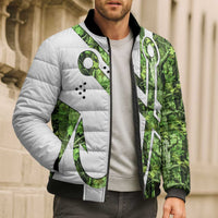 Custom Fishing Hook Bomber Puffer Jacket with Green Jungle Leaf Pattern and White Split Design - Wonder Print Shop