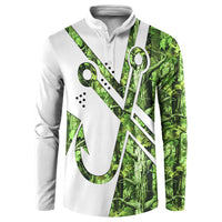Custom Fishing Hook Button Sweatshirt with Green Jungle Leaf Pattern and White Split Design - Wonder Print Shop