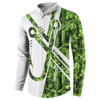 Custom Fishing Hook Button Sweatshirt with Green Jungle Leaf Pattern and White Split Design - Wonder Print Shop