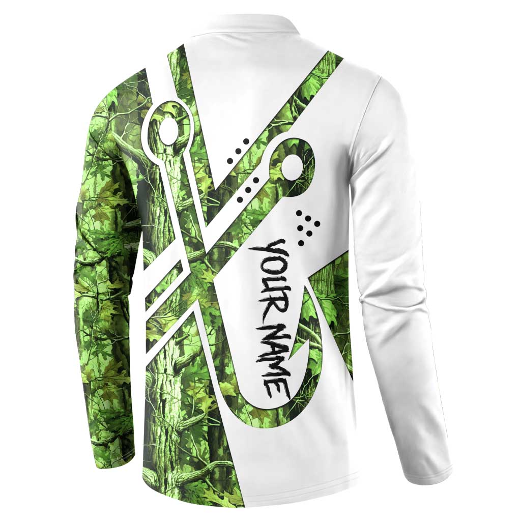 Custom Fishing Hook Button Sweatshirt with Green Jungle Leaf Pattern and White Split Design - Wonder Print Shop