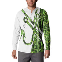 Custom Fishing Hook Button Sweatshirt with Green Jungle Leaf Pattern and White Split Design - Wonder Print Shop