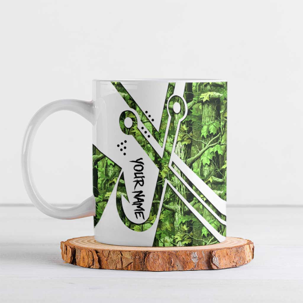 Custom Fishing Hook Ceramic Mug with Green Jungle Leaf Pattern and White Split Design - Wonder Print Shop