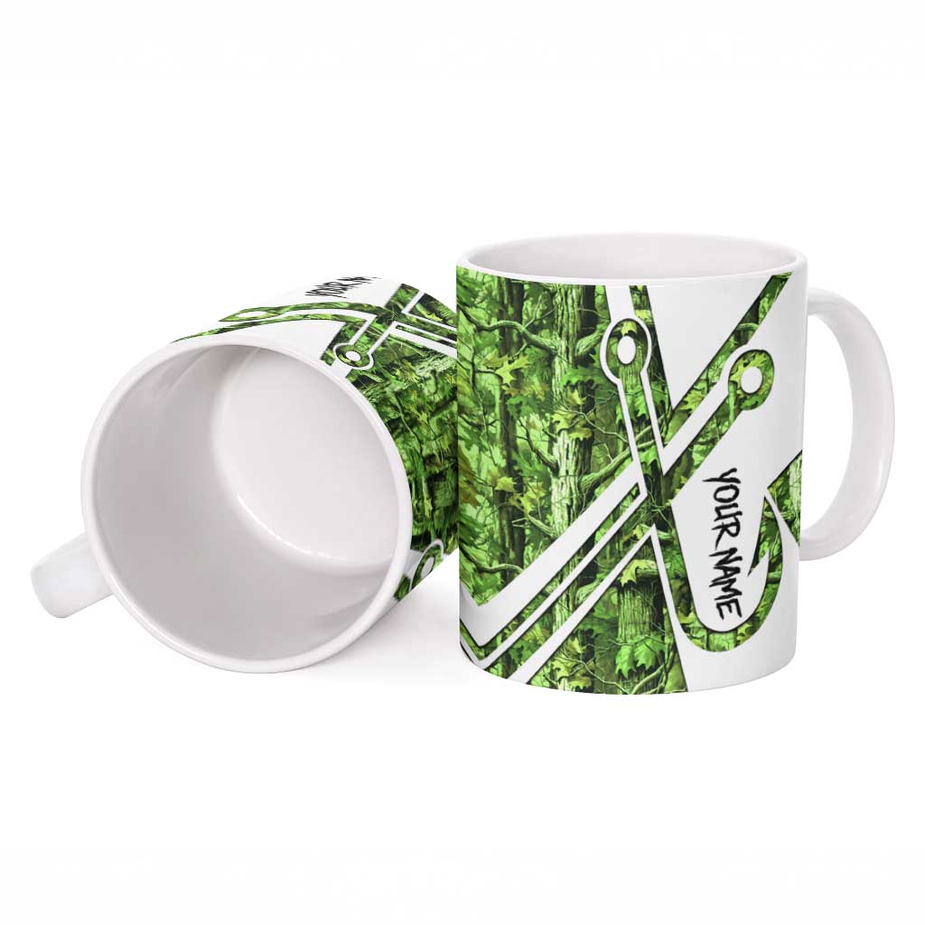 Custom Fishing Hook Ceramic Mug with Green Jungle Leaf Pattern and White Split Design - Wonder Print Shop