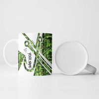 Custom Fishing Hook Ceramic Mug with Green Jungle Leaf Pattern and White Split Design - Wonder Print Shop