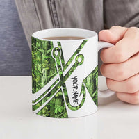 Custom Fishing Hook Ceramic Mug with Green Jungle Leaf Pattern and White Split Design - Wonder Print Shop