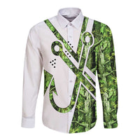 Custom Fishing Hook Long Sleeve Button Shirt with Green Jungle Leaf Pattern and White Split Design - Wonder Print Shop