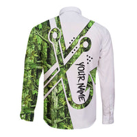 Custom Fishing Hook Long Sleeve Button Shirt with Green Jungle Leaf Pattern and White Split Design - Wonder Print Shop