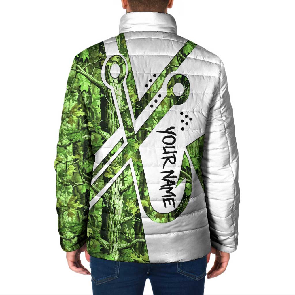Custom Fishing Hook Padded Jacket with Green Jungle Leaf Pattern and White Split Design - Wonder Print Shop